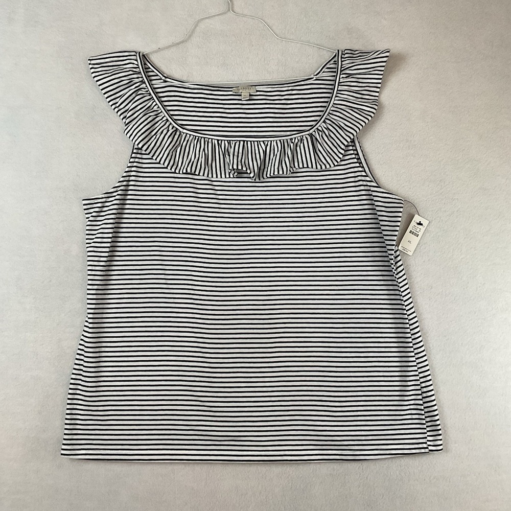 Talbots Knit Top Womens XL Black White Stripe Ruffle Neckline Sleeveless NEW